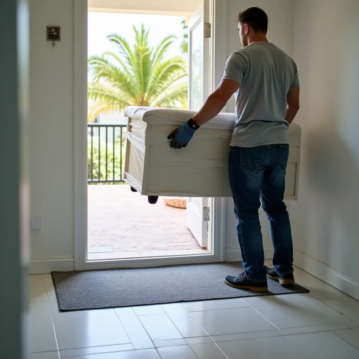 Mover carrying a padded ottoman through an apartment front door in Coral Springs, FL