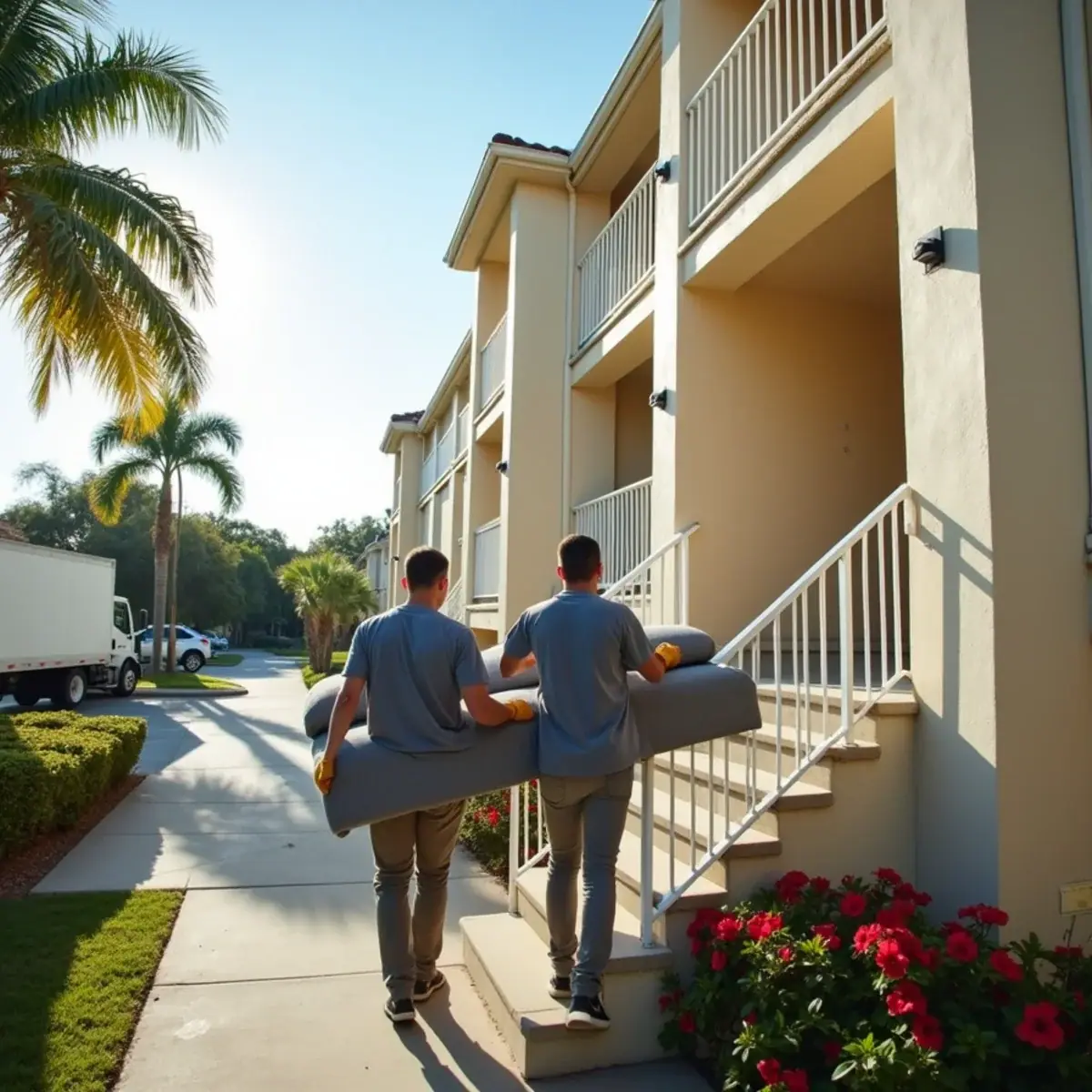 Movers carrying a padded sofa past the outdoor stairs of a three-story apartment building in Coral Springs, FL