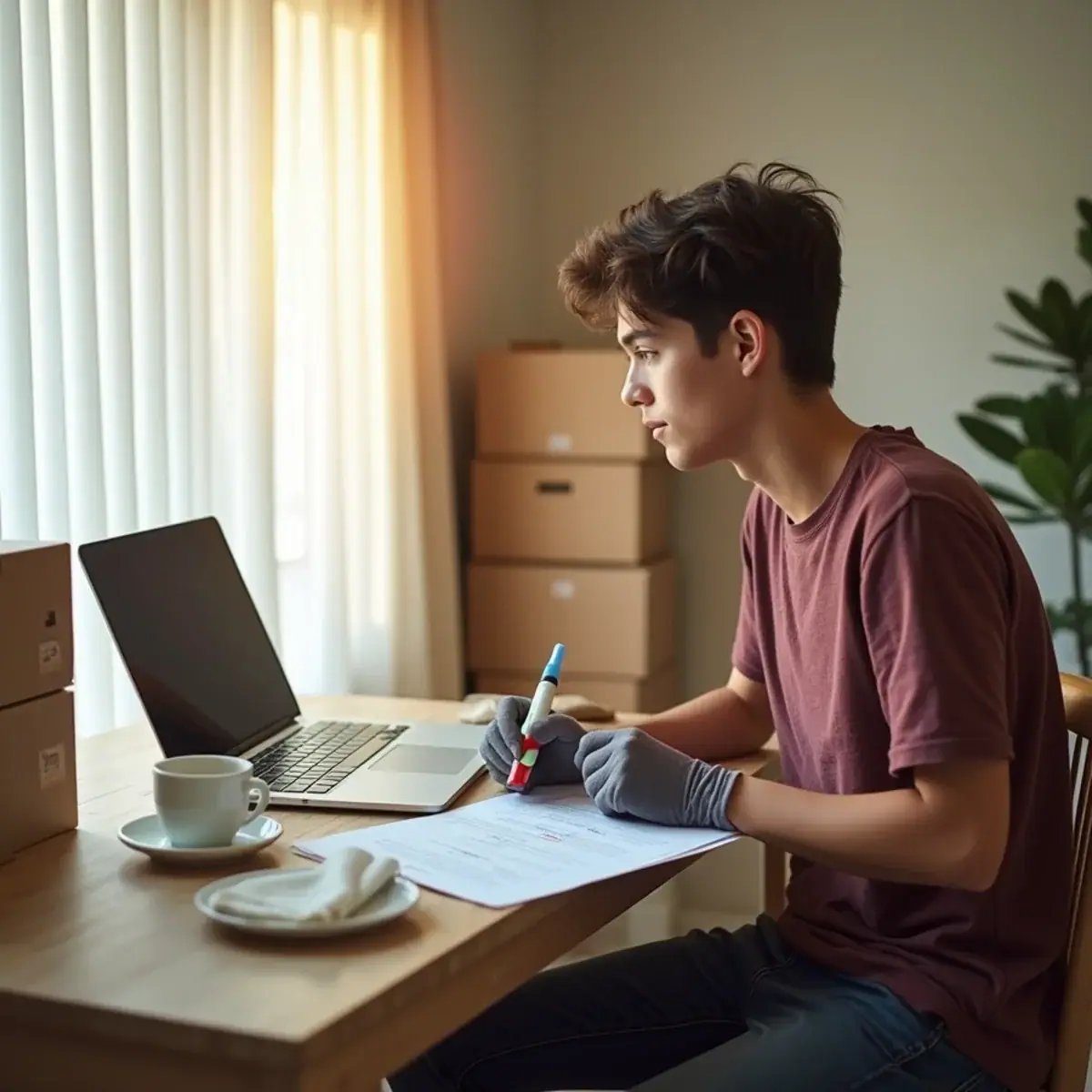 Renter reading the lease and move-out notice at a kitchen table in a Coral Springs, FL apartment