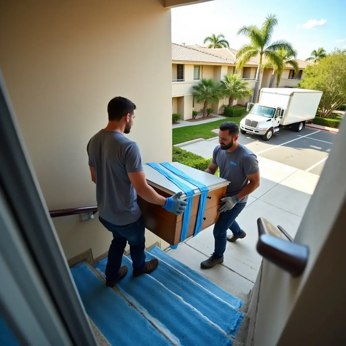 Movers carrying a wrapped piece down a stairwell protected with floor runners at a Coral Springs, FL apartment complex