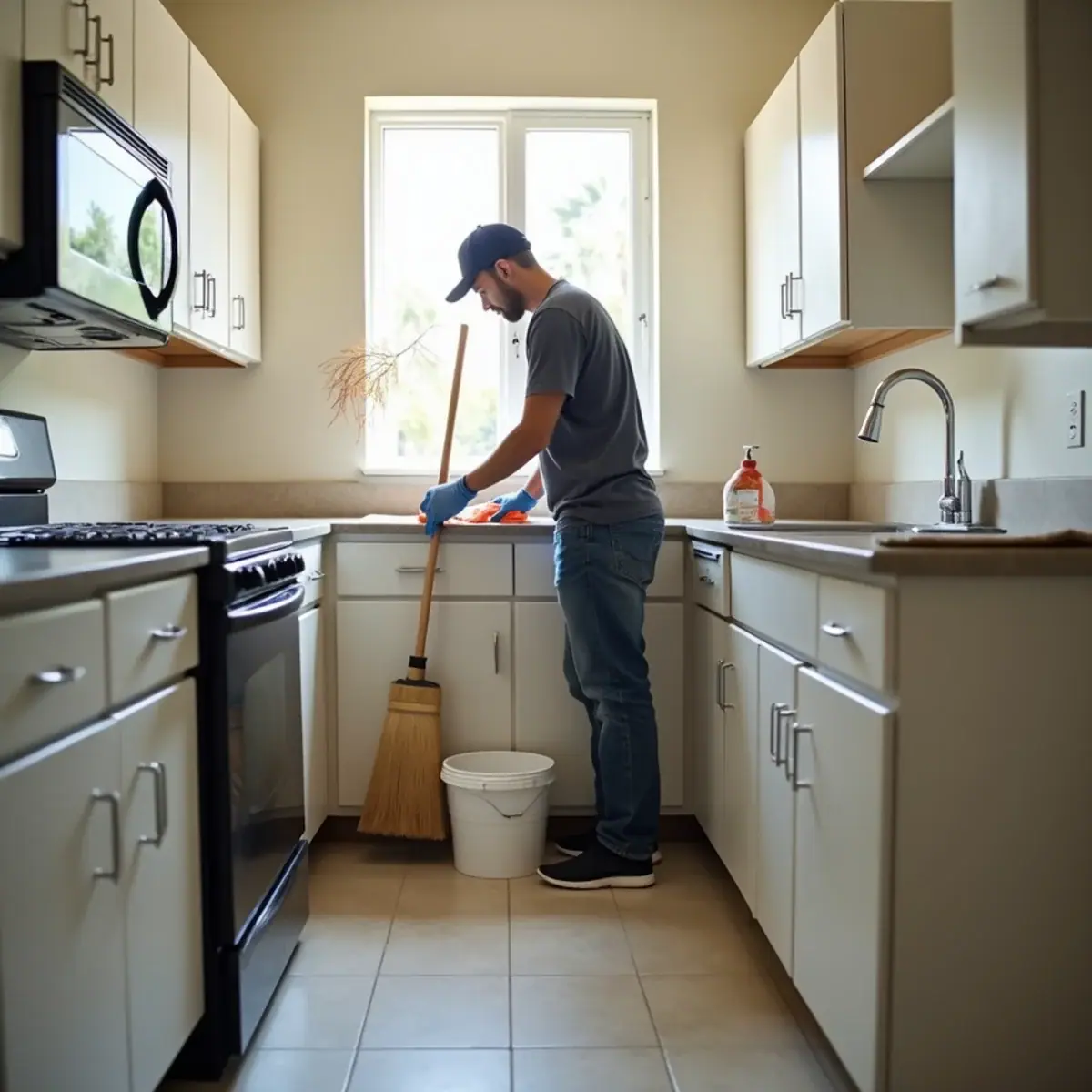 Renter cleaning the kitchen counters of an empty Coral Springs, FL apartment before the move-out walkthrough