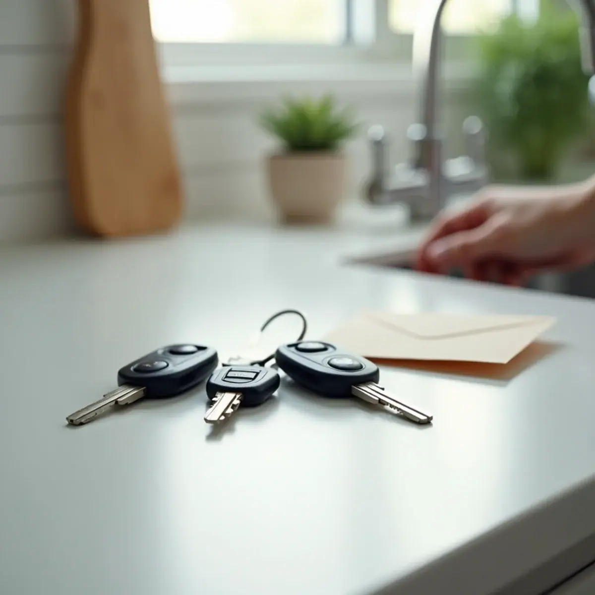 Keys and key fobs laid out with an envelope on an empty kitchen counter for return at a Coral Springs, FL apartment