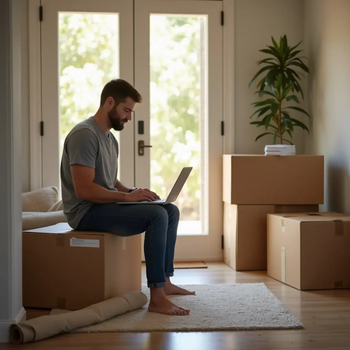 Renter updating a forwarding address on a laptop beside packed boxes in South Florida