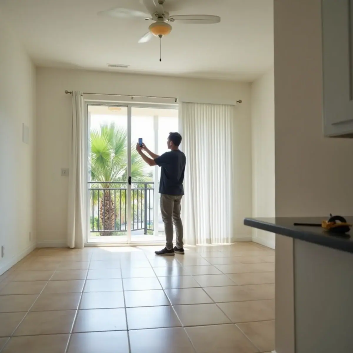 Renter filming an empty, cleaned apartment living room before move-out in Coral Springs, FL
