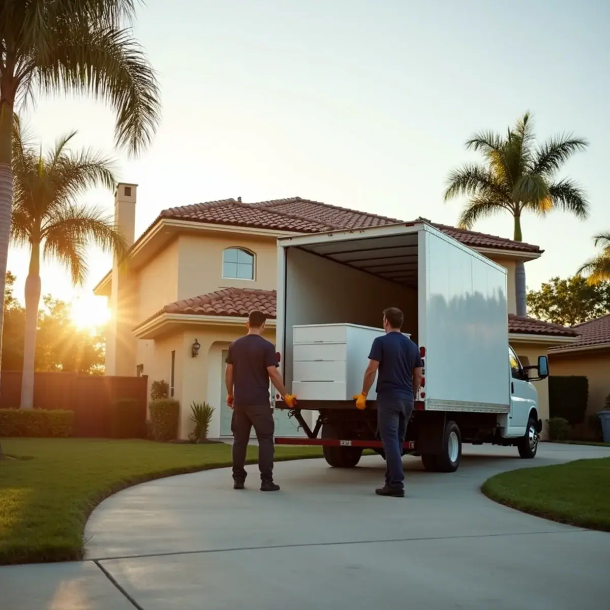 Moving truck loading at sunrise outside a stucco home with a barrel-tile roof in Coral Springs, FL