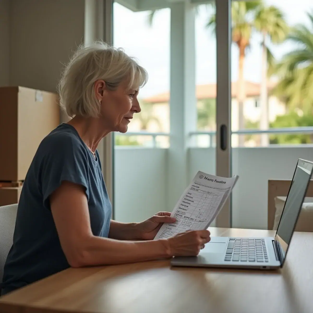 Homeowner checking a mover's paperwork on a laptop at a kitchen table in a Coconut Creek, FL condo
