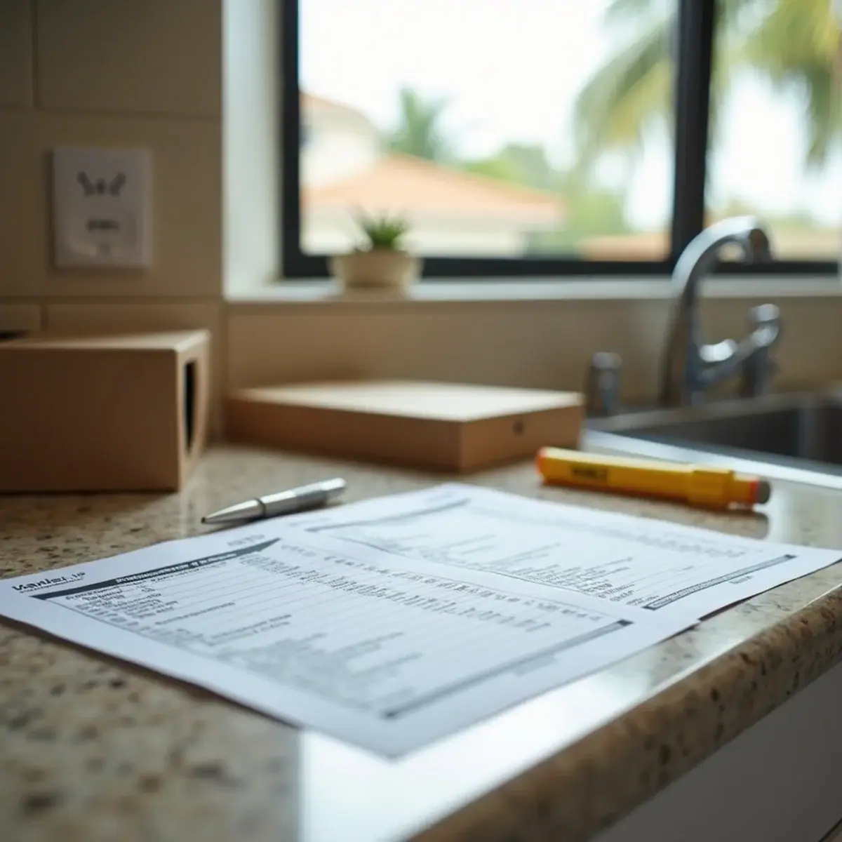 Printed moving estimates laid out on a kitchen counter in a Coral Springs, FL home