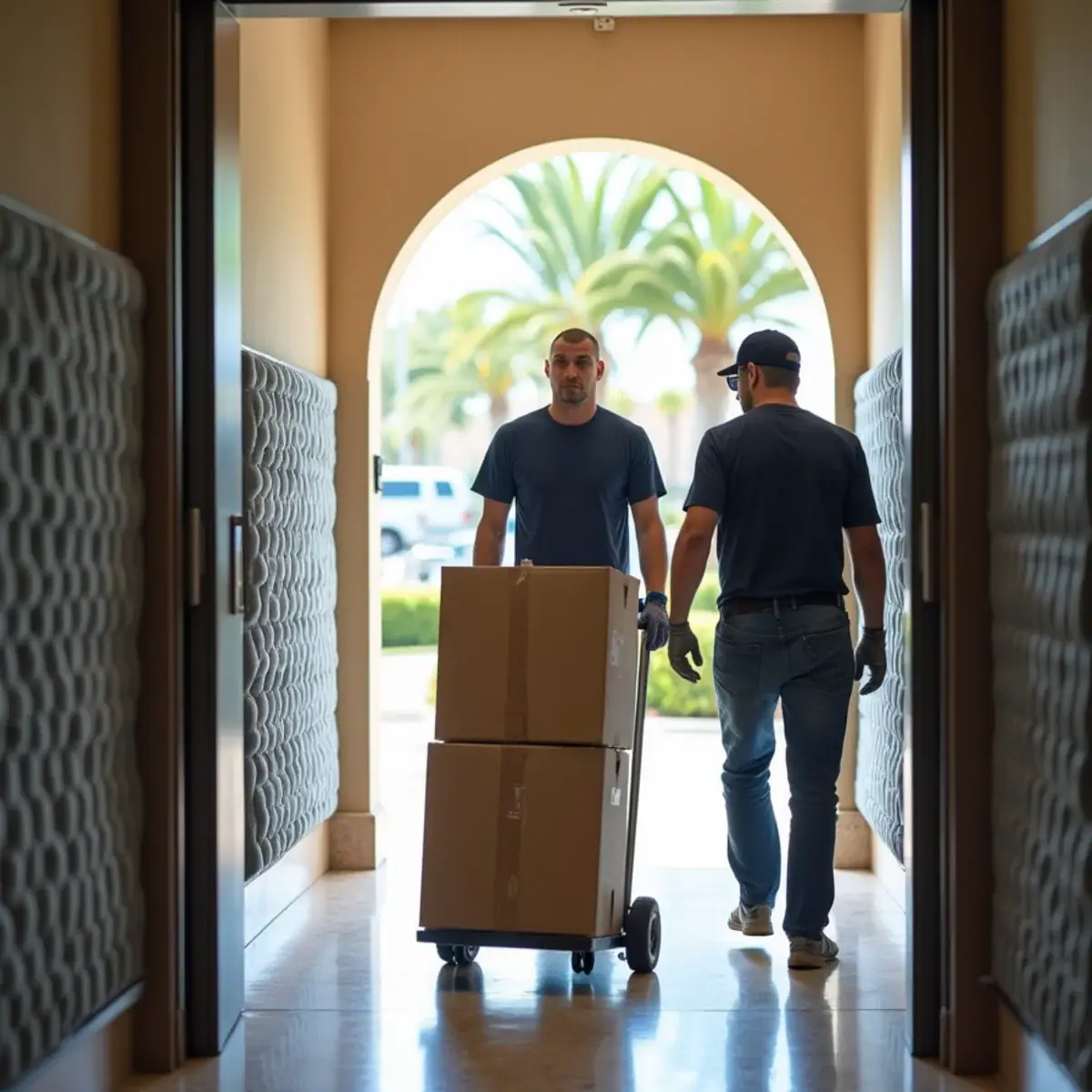 Movers wheeling boxes on a hand truck through a padded condo lobby corridor in Broward County, FL