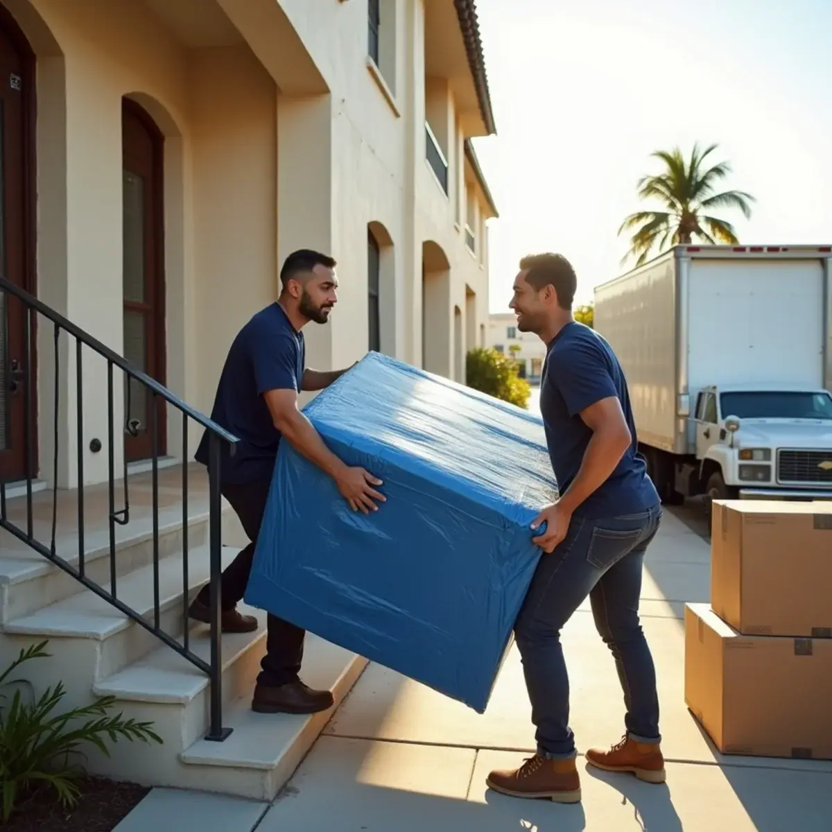 Two movers carrying a pad-wrapped piece up the front steps of a stucco home in Coral Springs, FL during a last-minute move