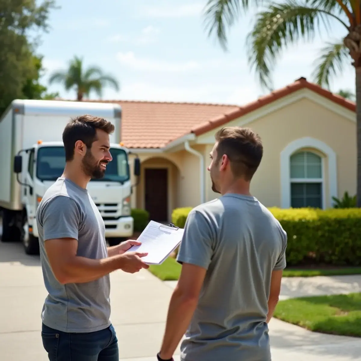 Mover reviewing a line-item estimate on a clipboard with a homeowner outside a stucco house in Coral Springs, FL