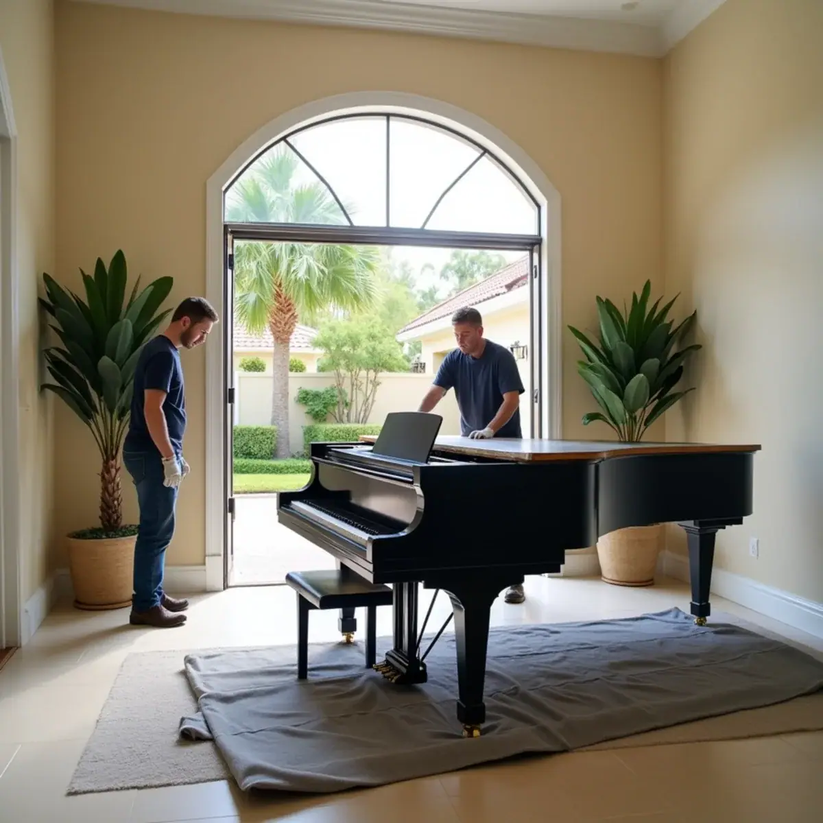 Movers preparing to move a grand piano through the arched front doorway of a Parkland, FL home