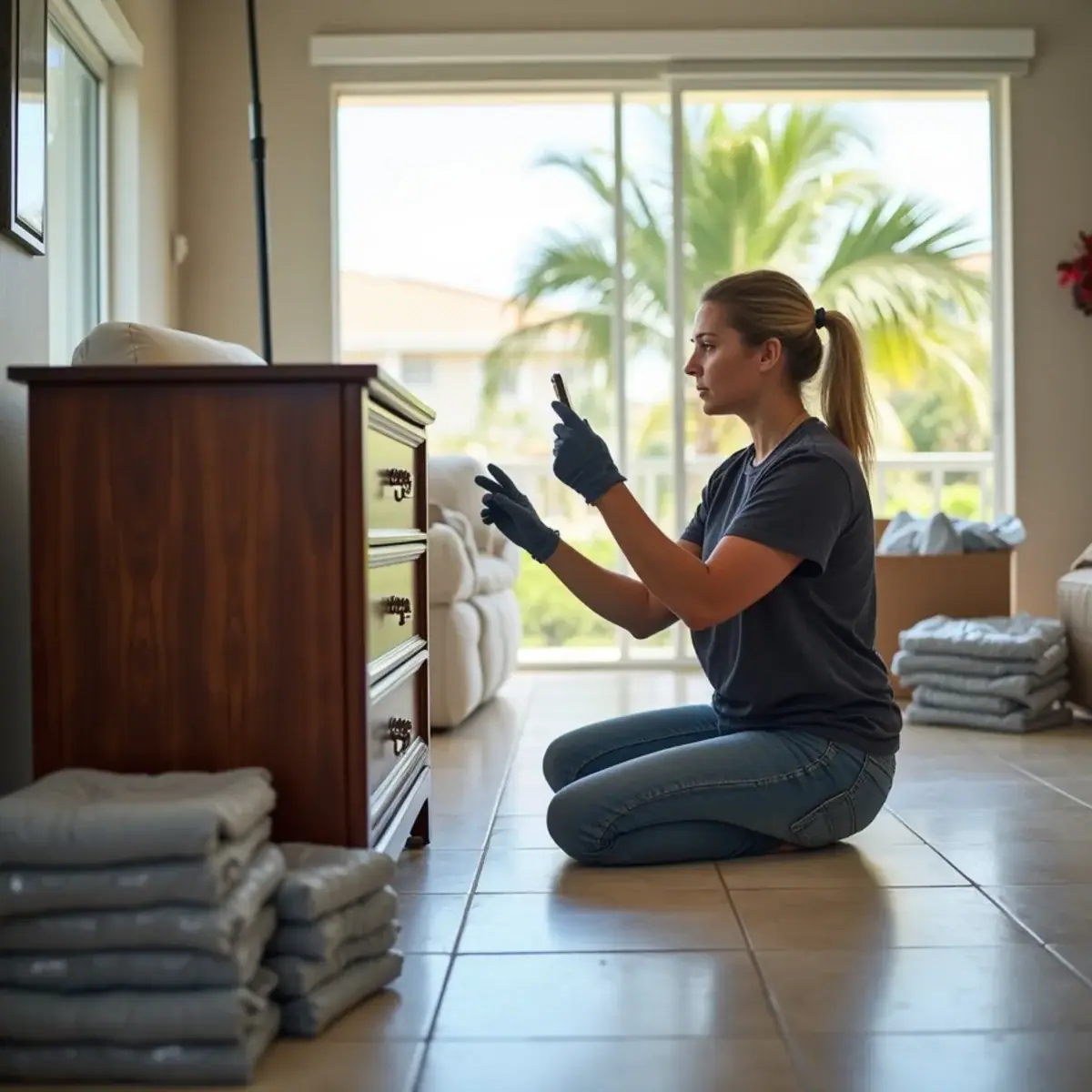 Homeowner photographing a scratched wooden dresser beside moving pads after a delivery in Parkland, FL