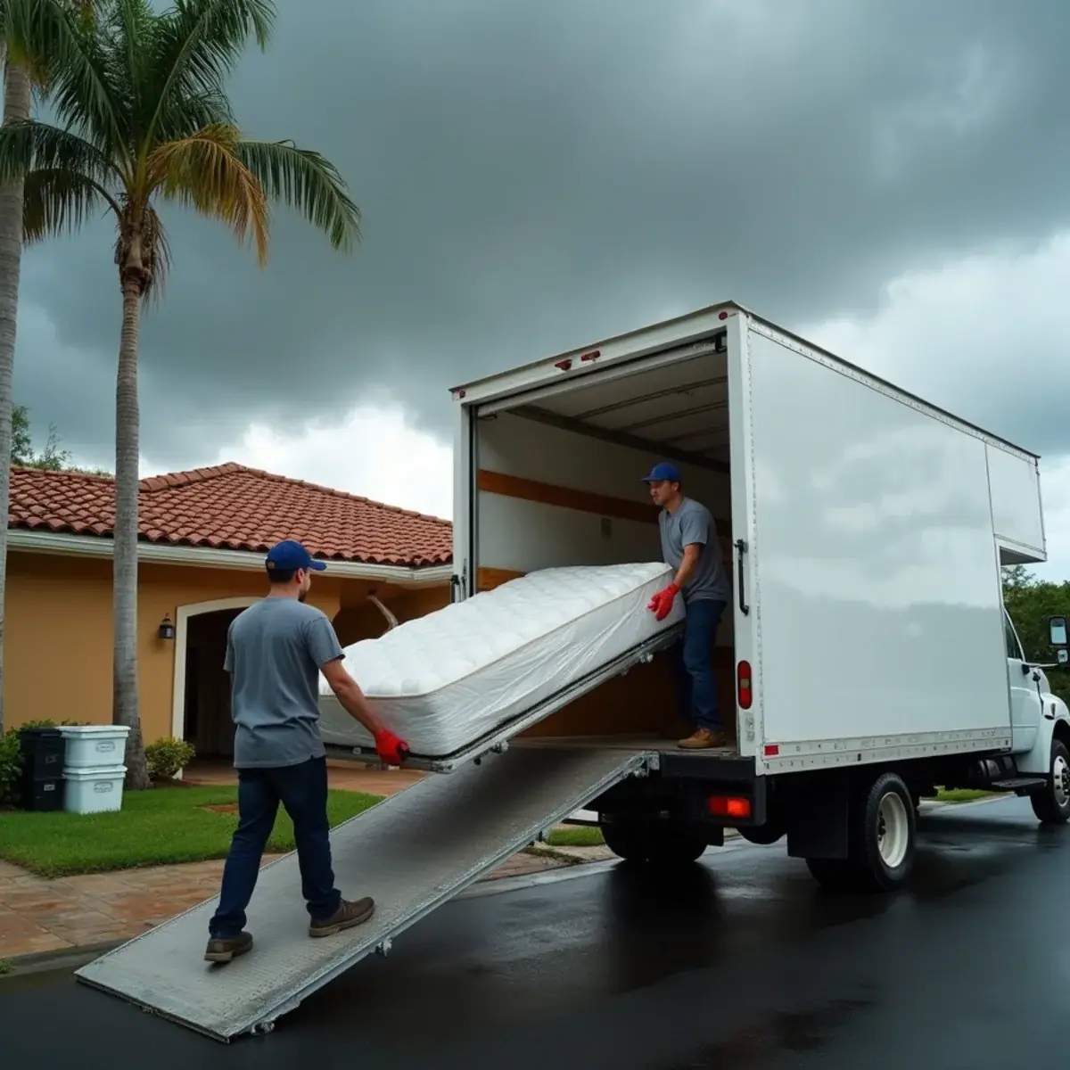 Movers loading a white box truck in a South Florida driveway as dark afternoon storm clouds build over palm trees