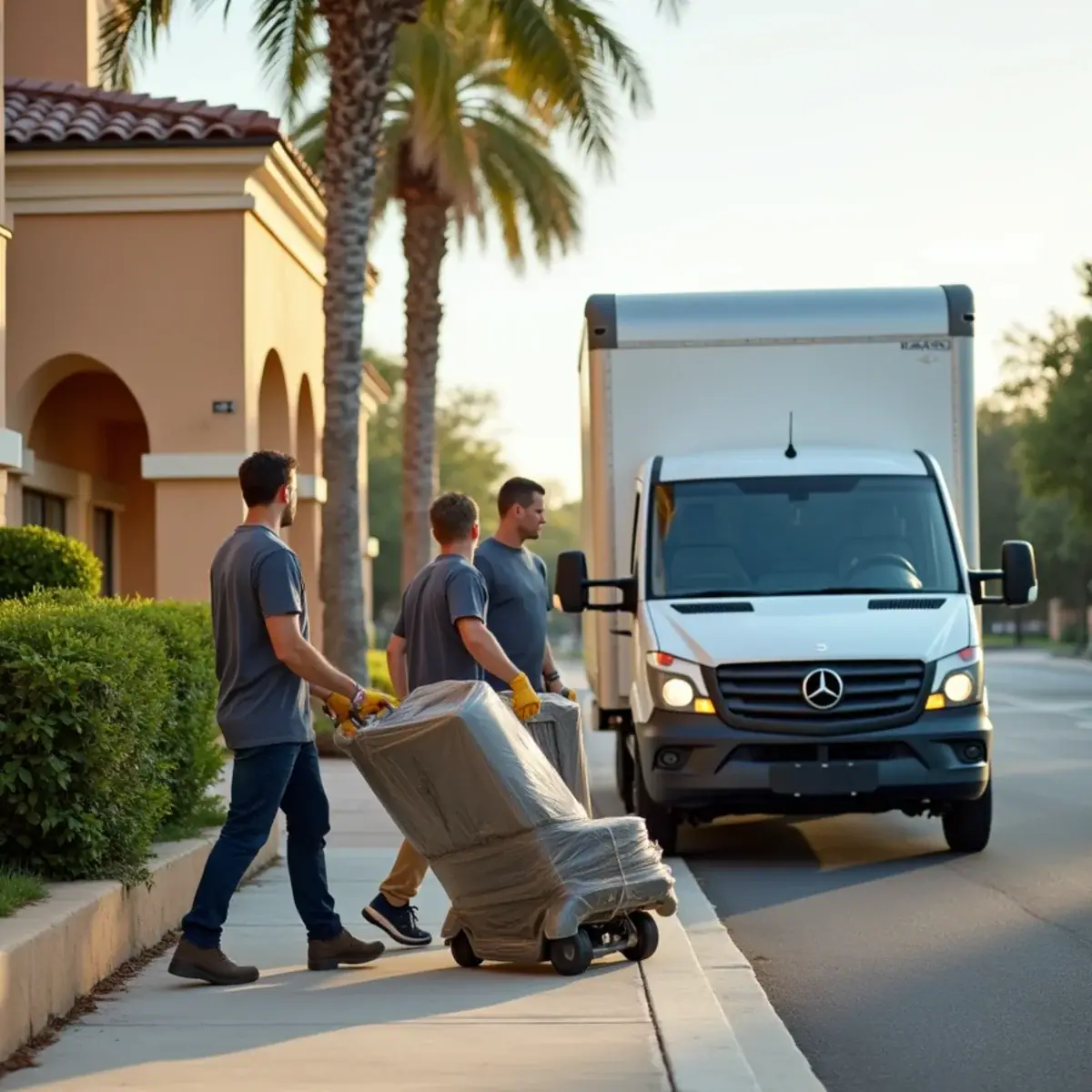 Movers wheeling a wrapped office chair on a hand truck to a moving van outside a small office building in Coral Springs, FL
