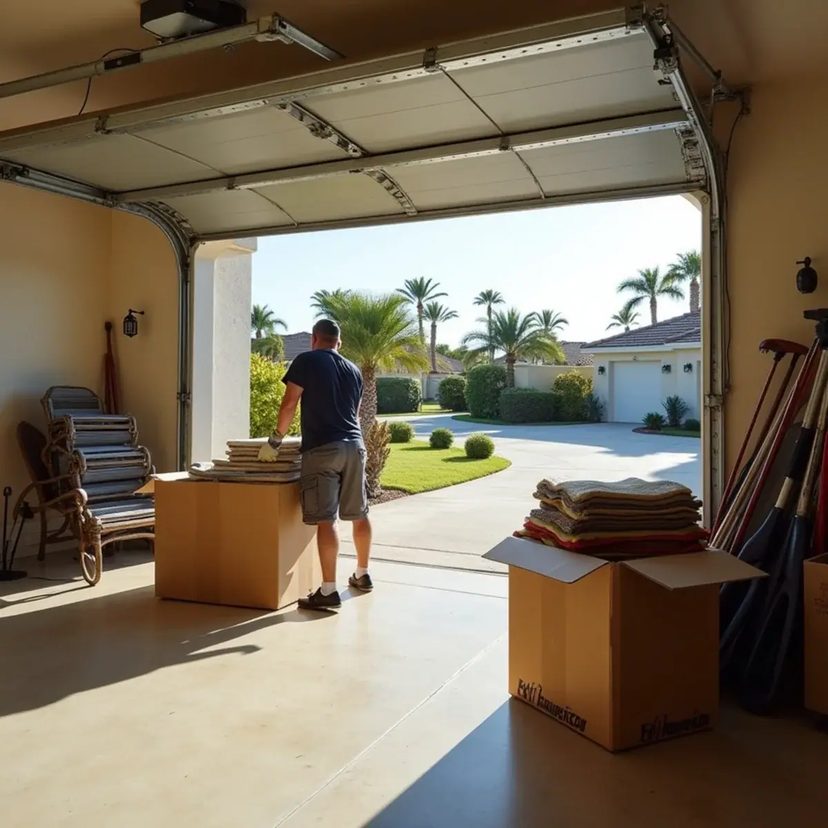Homeowner packing patio items and tools in a garage in Coral Springs, FL before a move