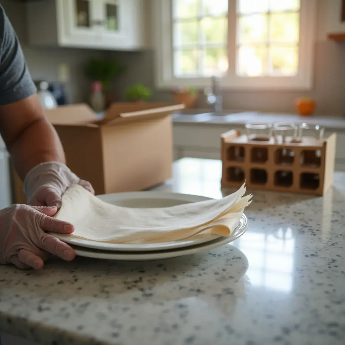Hands wrapping dinner plates in packing paper on a granite counter in a Coral Springs, FL kitchen, with a divided box for glasses