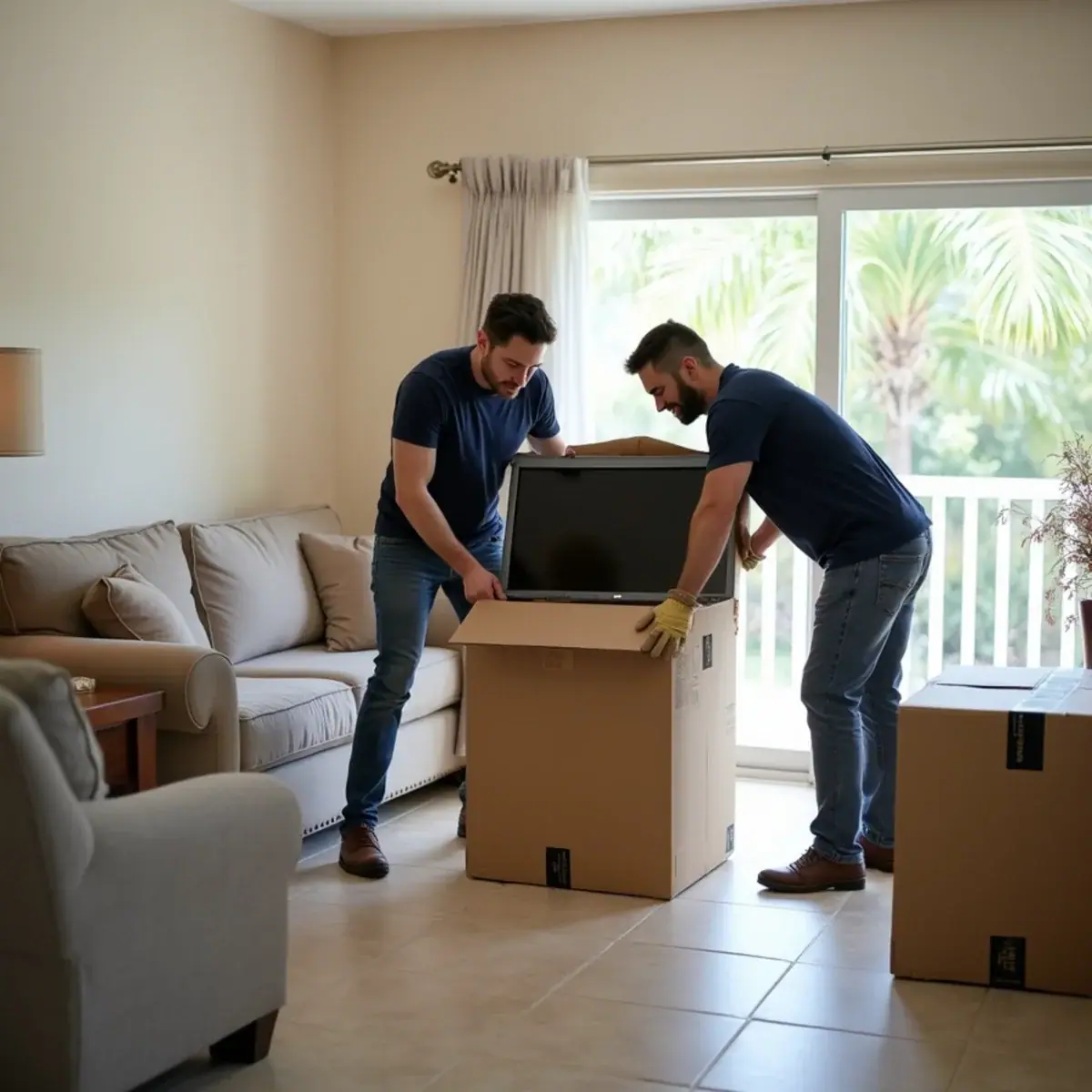 Flat-screen TV going into a TV moving box in a Coral Springs, FL living room