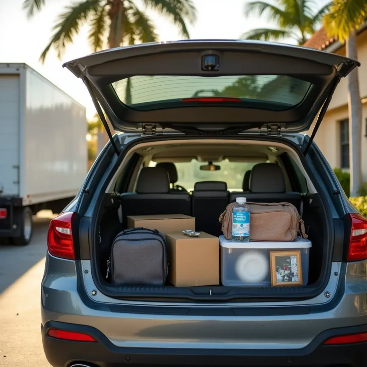 Bags, water, boxed valuables and framed photos packed in an SUV instead of a hot moving truck in Coral Springs, FL
