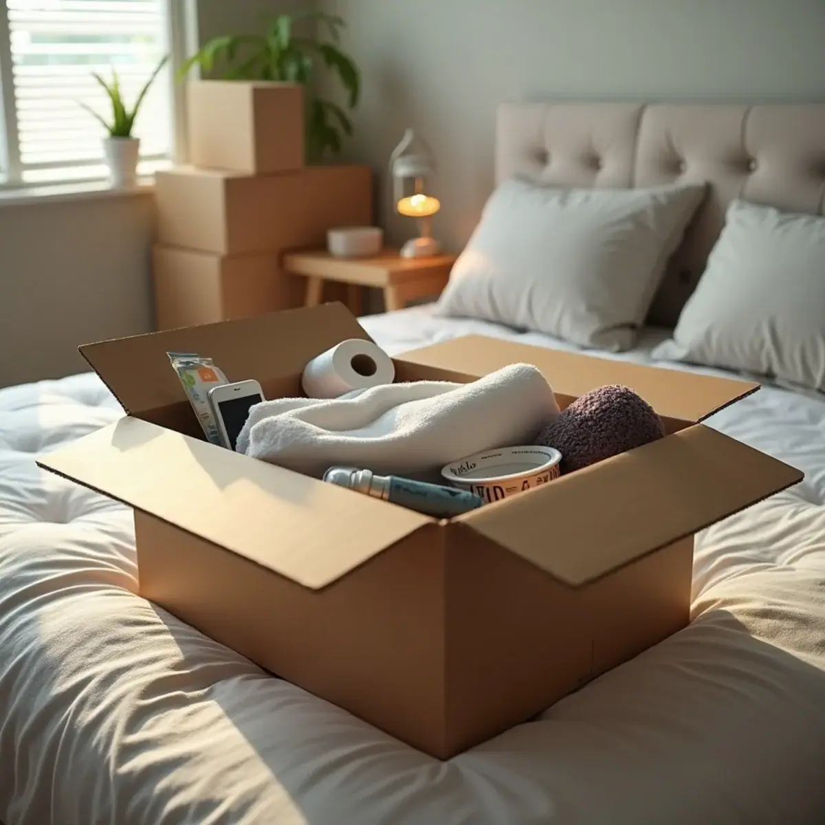 Open first-night box with sheets, toiletries, chargers and snacks in a new South Florida home