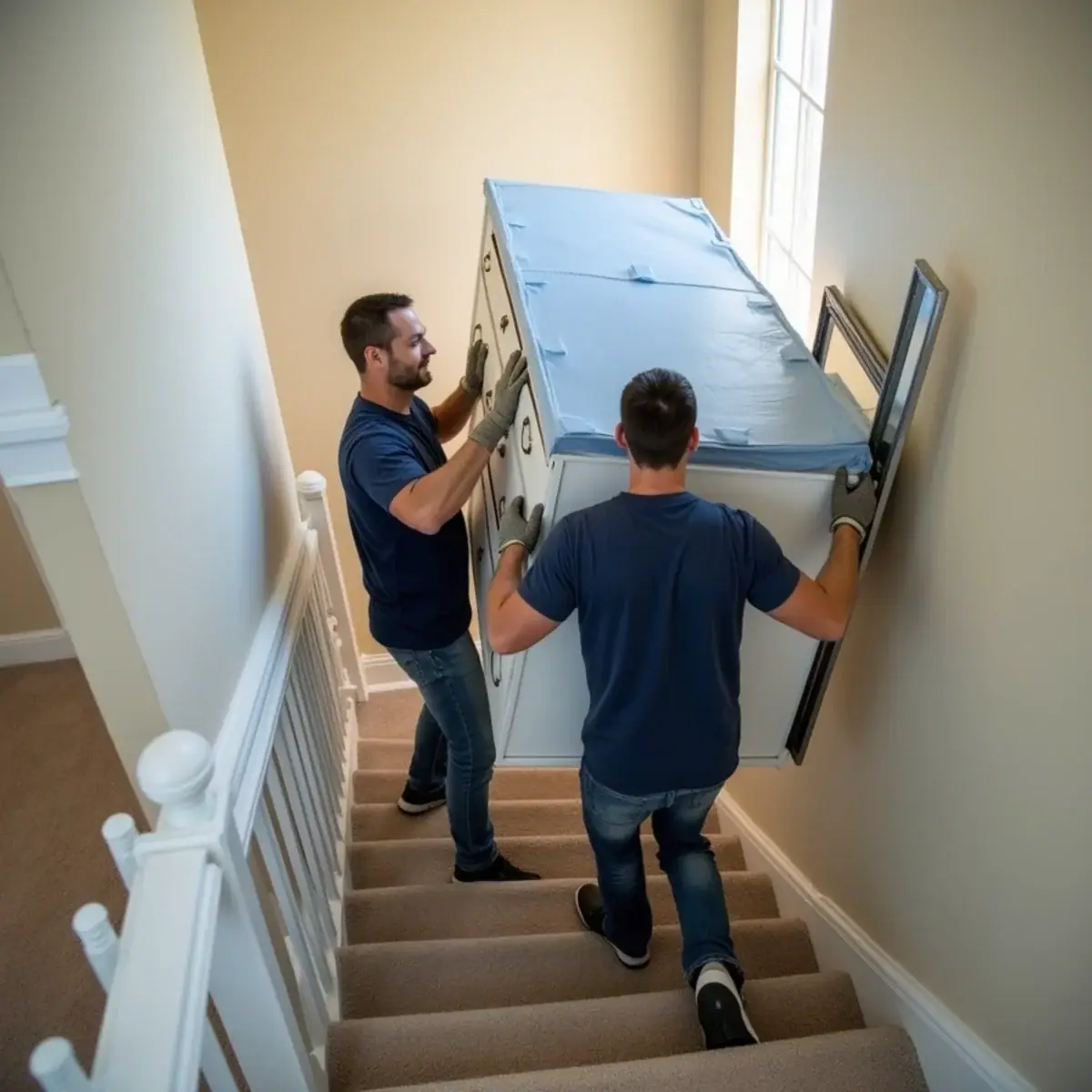 Movers carrying a padded dresser around a staircase landing in a Coral Springs, FL townhome