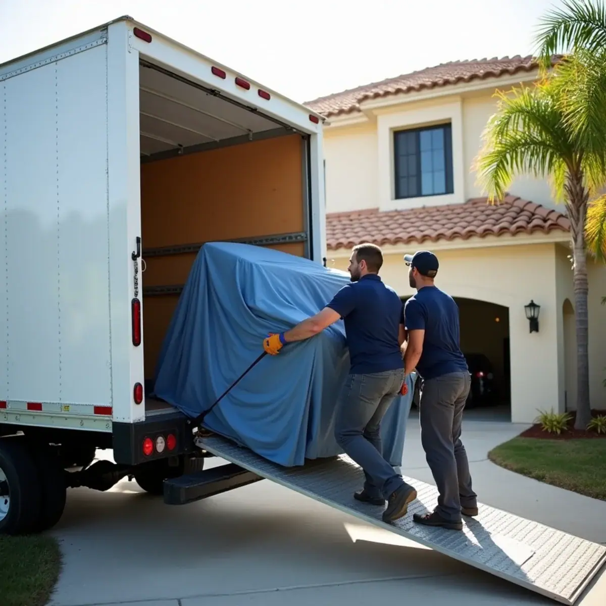 Two movers guiding a padded upright piano up a ramp into a box truck at a Coral Springs, FL home