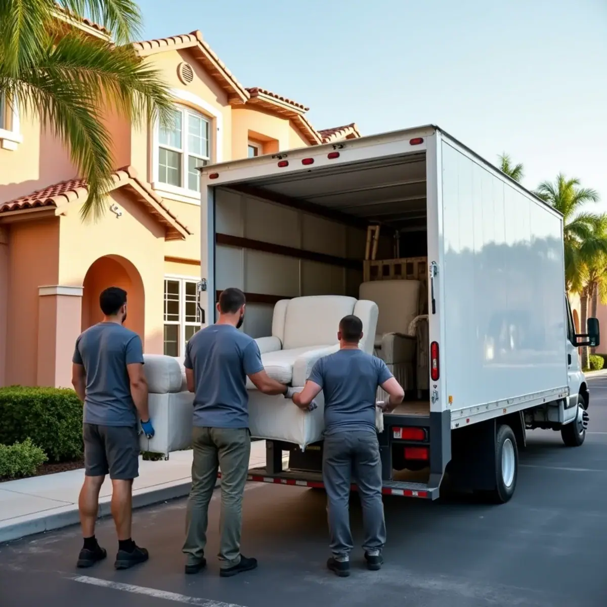 Movers loading a box truck in the shared lot of a two-story townhome row in Coral Springs, FL