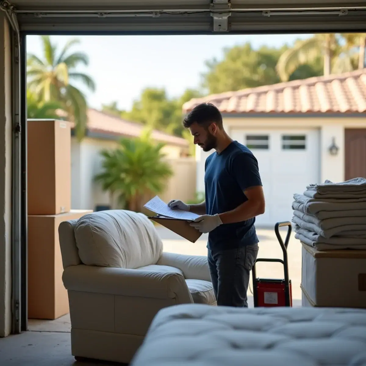 Mover writing up an inventory beside wrapped furniture in a Coral Springs, FL garage before a long-distance move