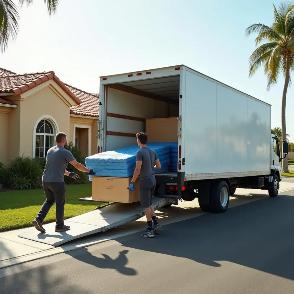 Movers loading a padded dresser into a long white moving truck outside a barrel-tile home in Coral Springs, FL