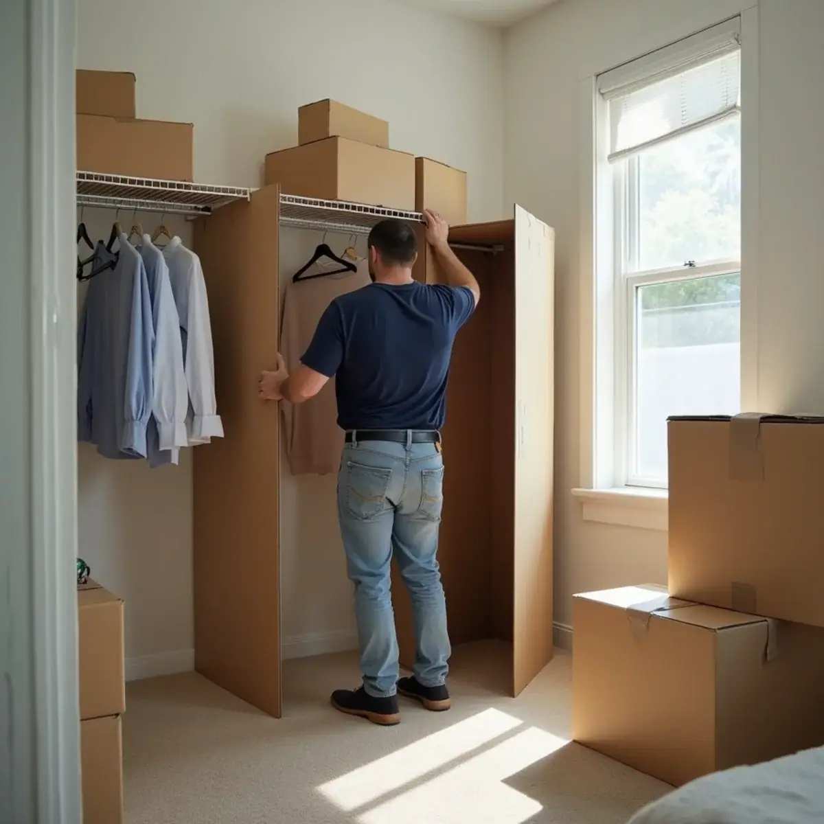 Wardrobe cartons being filled with hanging clothes in a bedroom closet in Coral Springs, FL