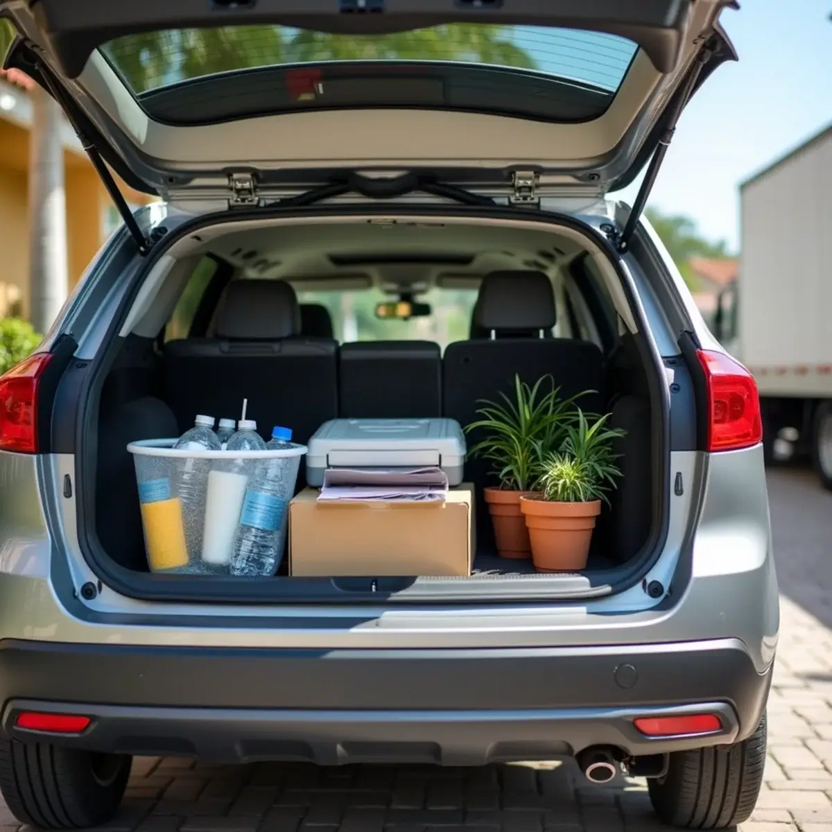 Essentials bin, water and houseplants loaded into a car in a Coral Springs, FL driveway