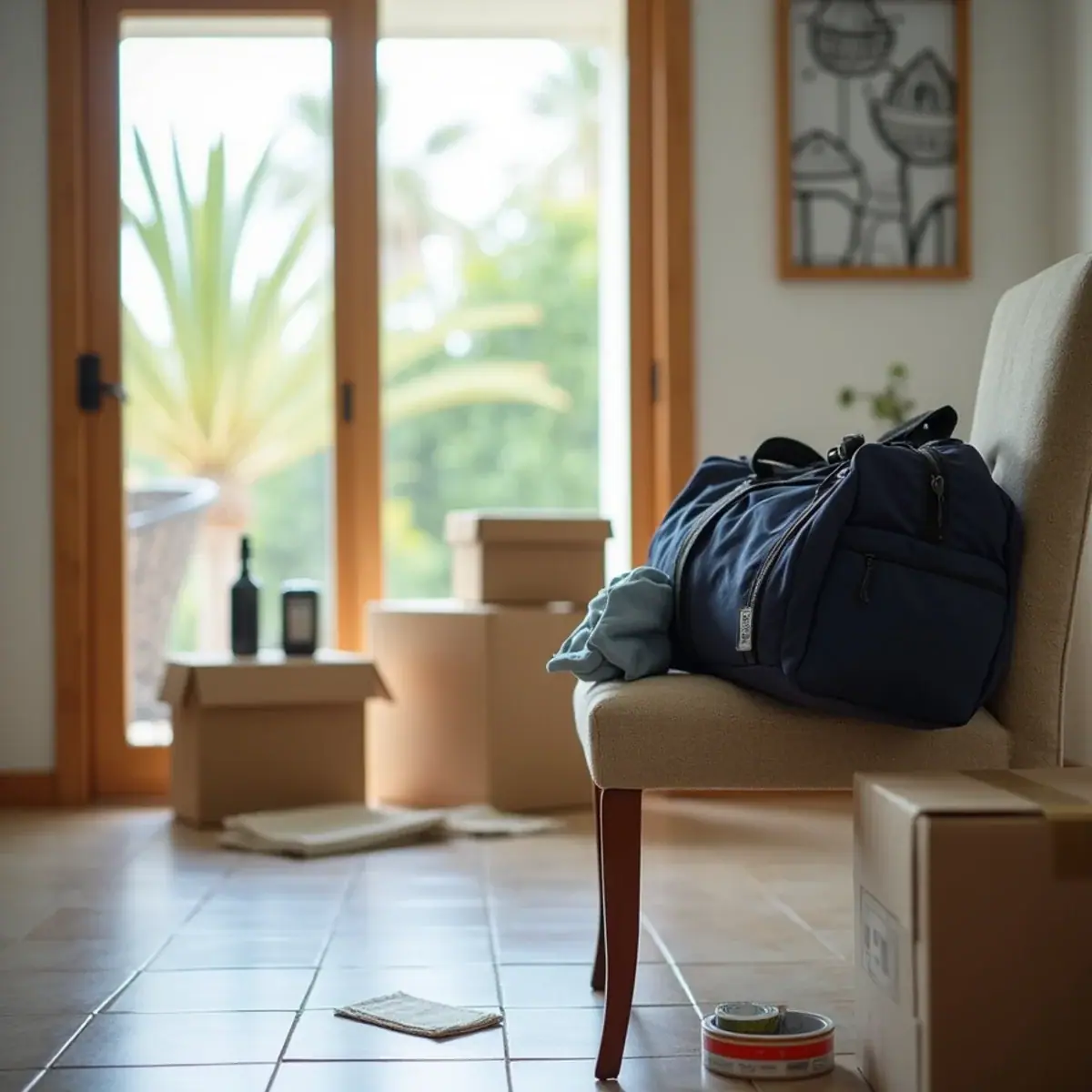Essentials bag, phone charger and taped boxes by the door of a Coral Springs, FL apartment before a last-minute move