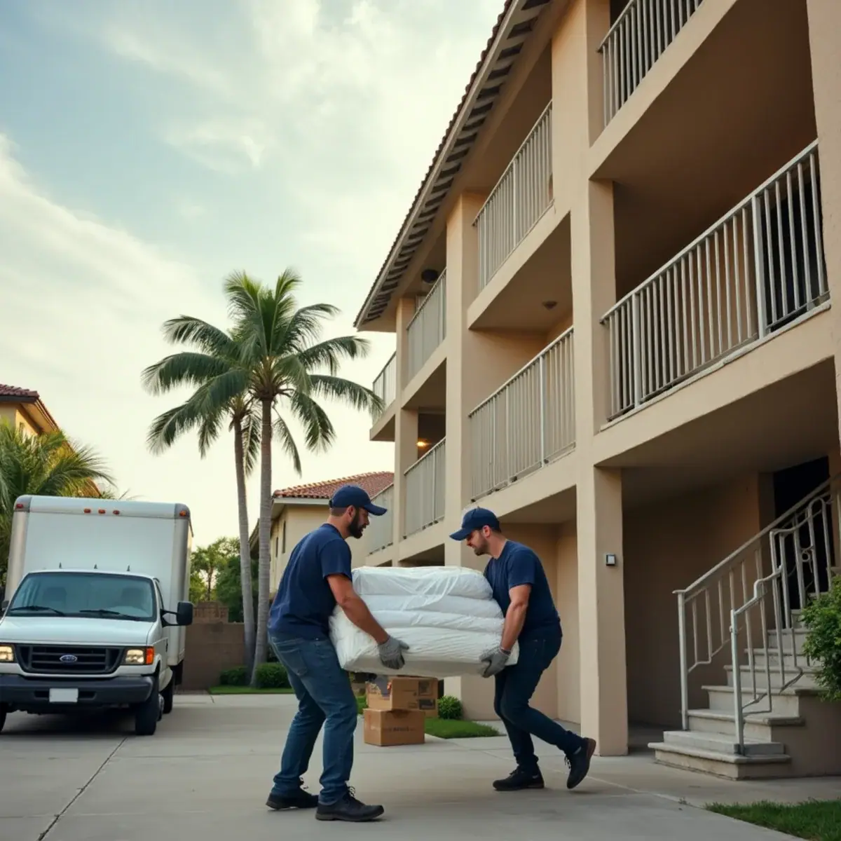 Two movers carrying a wrapped mattress past the outdoor stairs of a low-rise apartment building in Coral Springs, FL
