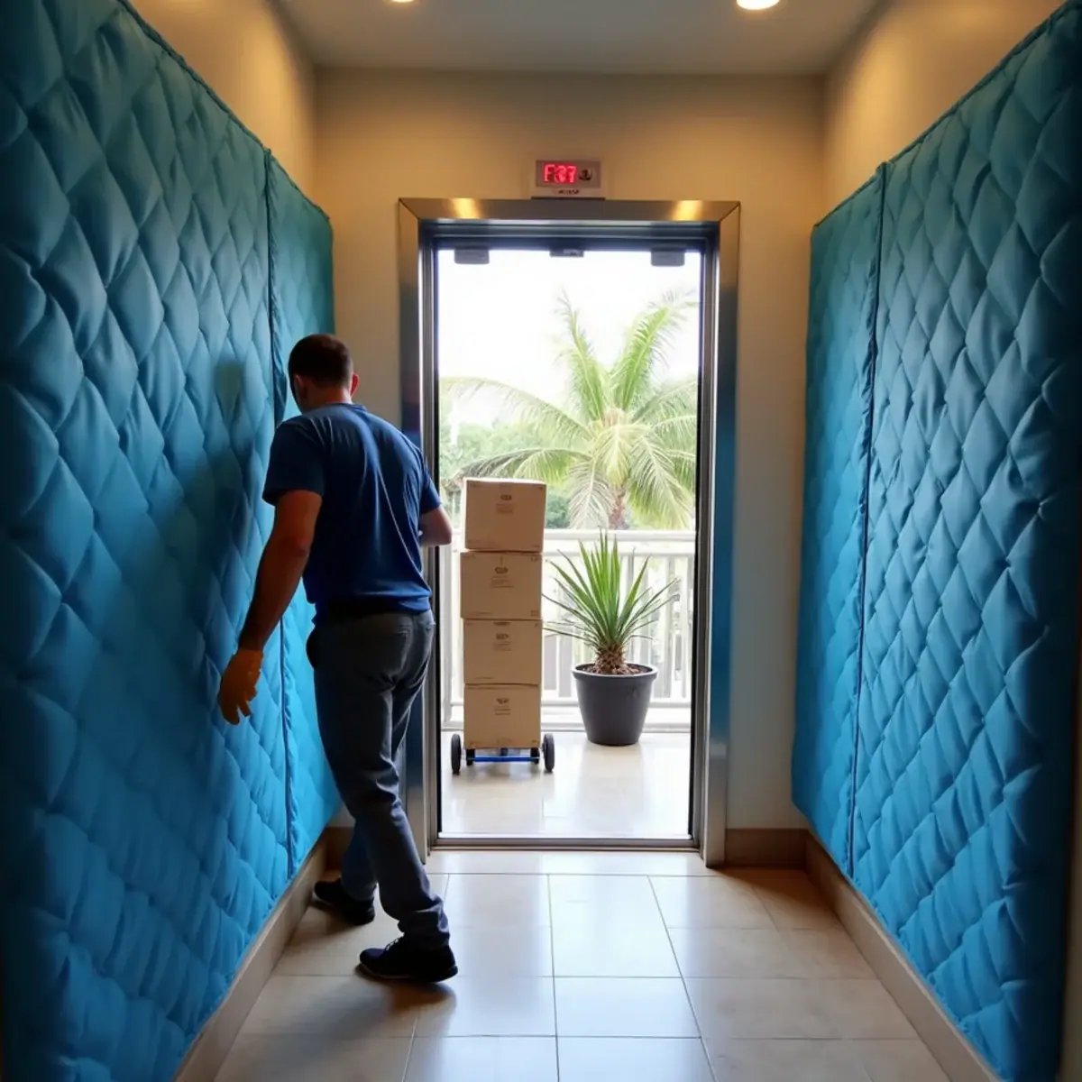 Moving pads lining a condo hallway for a move-out in Coconut Creek, FL