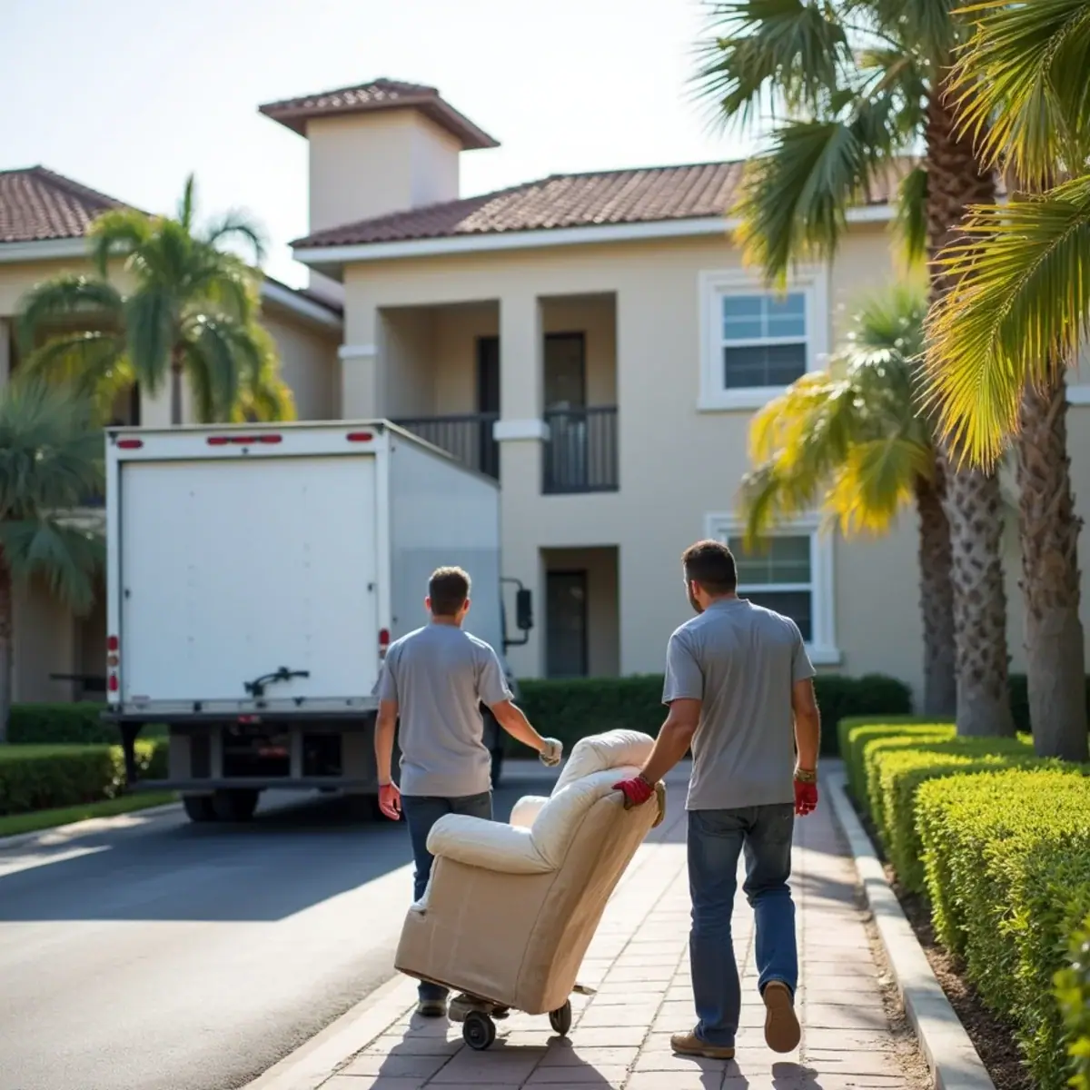 Movers wheeling an armchair on a dolly out of a low-rise condo building in Coconut Creek, FL