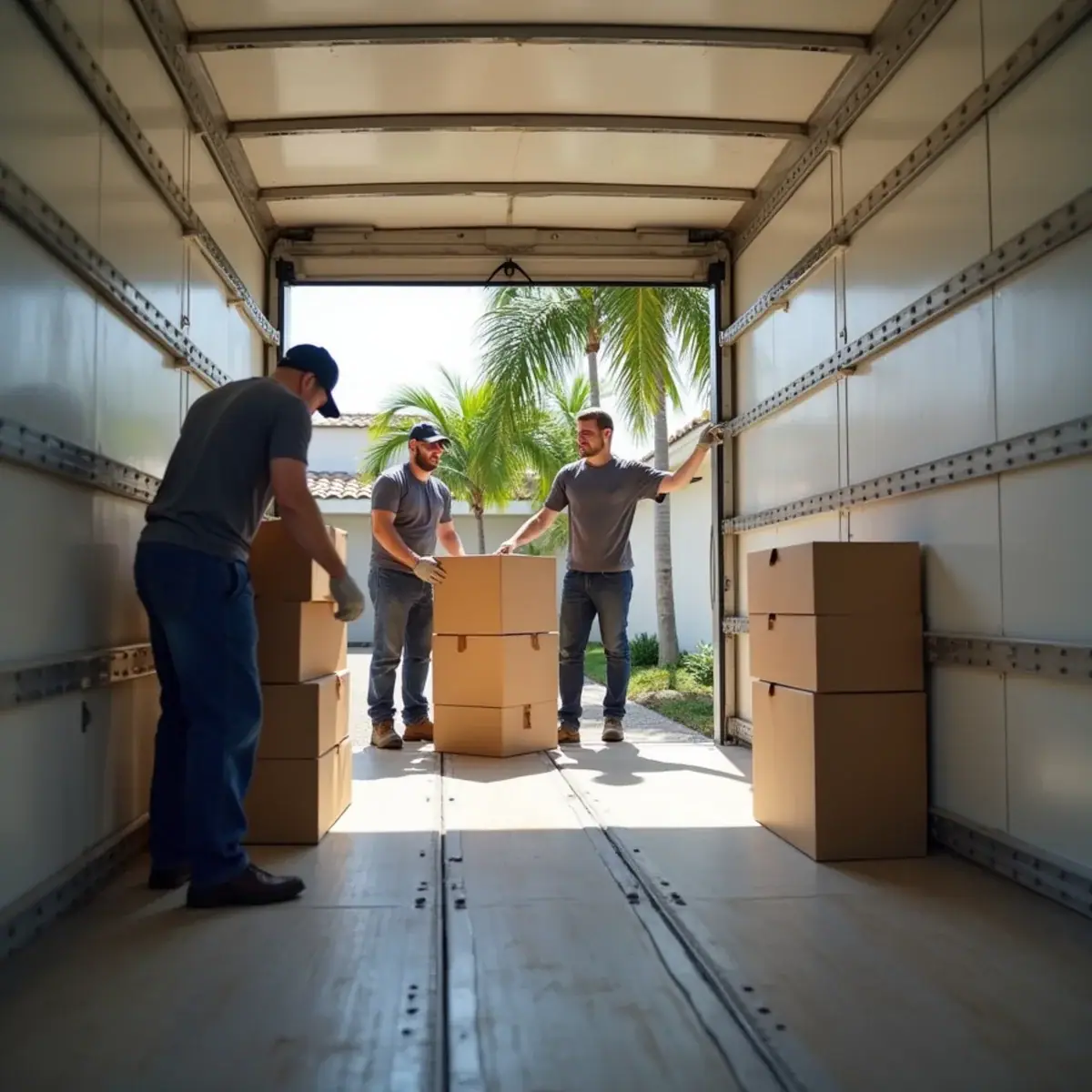 Moving crew stacking boxes and padded furniture inside a rental truck in Margate, FL