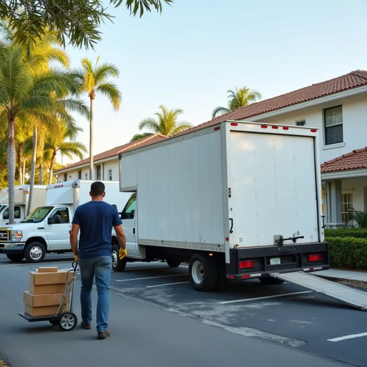 Mover wheeling boxes to a moving truck parked in the shared lot of a townhome community in North Lauderdale, FL