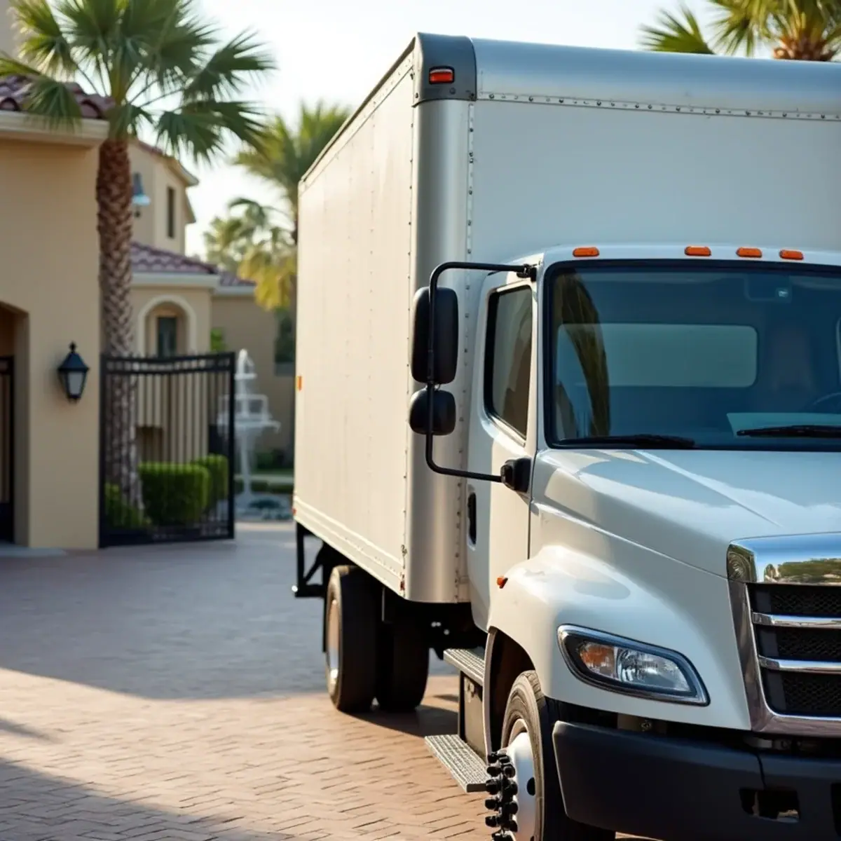 White moving truck pulled up beside the iron entry gate of a gated home in Parkland, FL