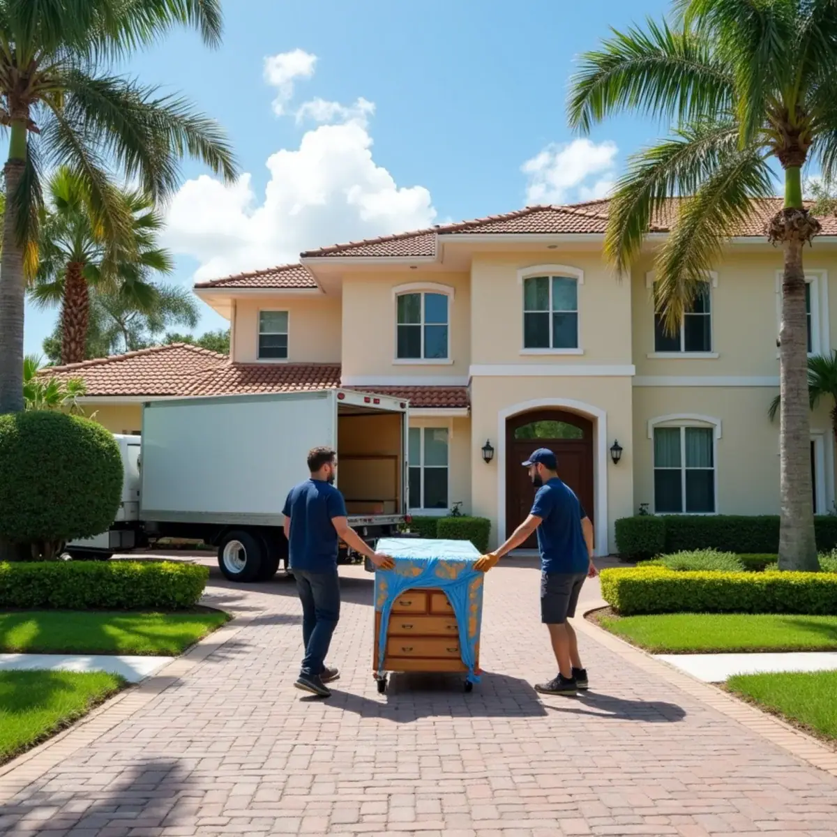Movers wheeling a padded dresser on a dolly up the paver driveway of a large two-story home in Parkland, FL