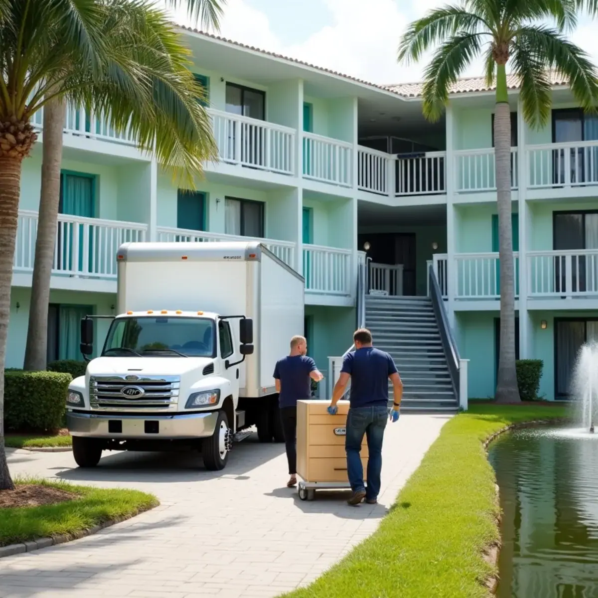 Movers wheeling boxes past a lakeside three-story condo building in Sunrise, FL toward a white moving truck