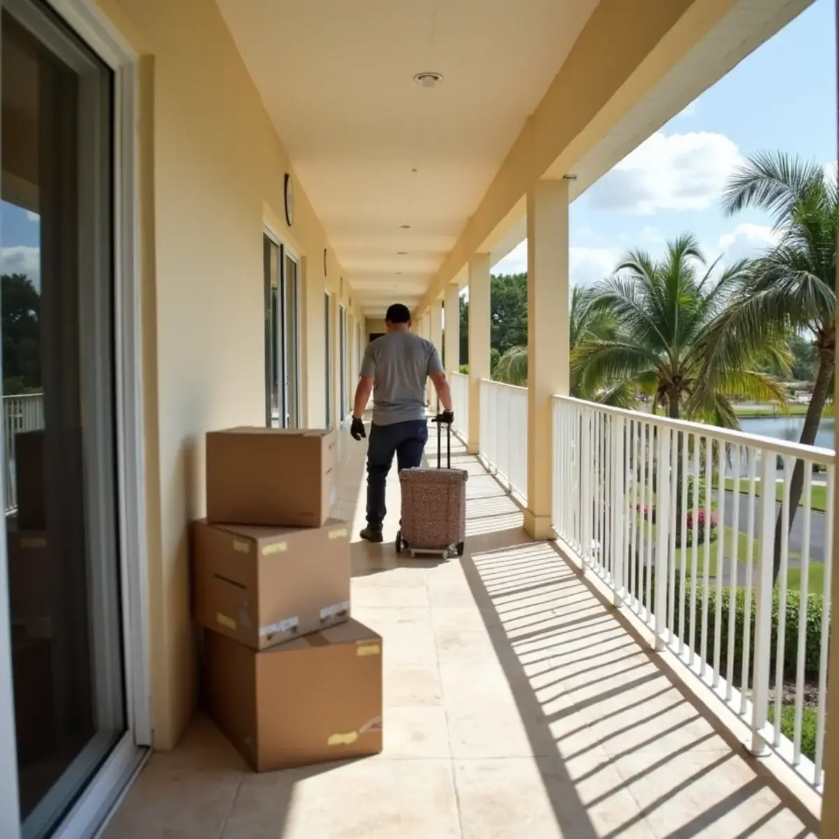Upper-floor walkway of a 55+ condo building in Tamarac, FL with moving boxes by a unit door