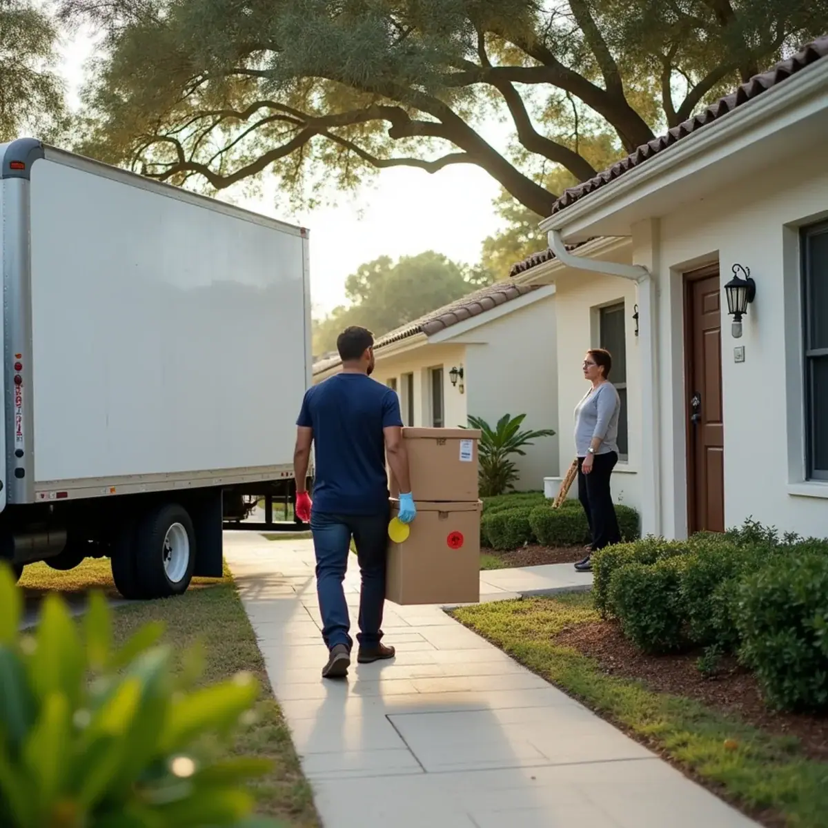 Mover carrying labeled boxes from a single-story villa in Tamarac, FL to a white moving truck