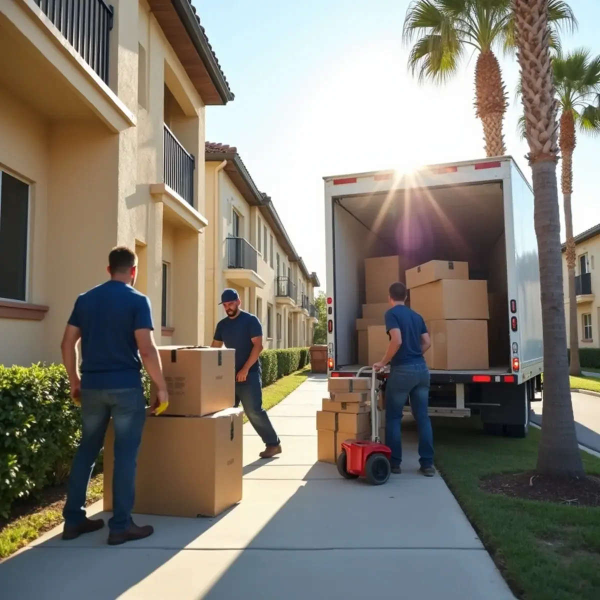 Movers loading boxes into a box truck outside a row of stucco townhomes in Coral Springs, FL
